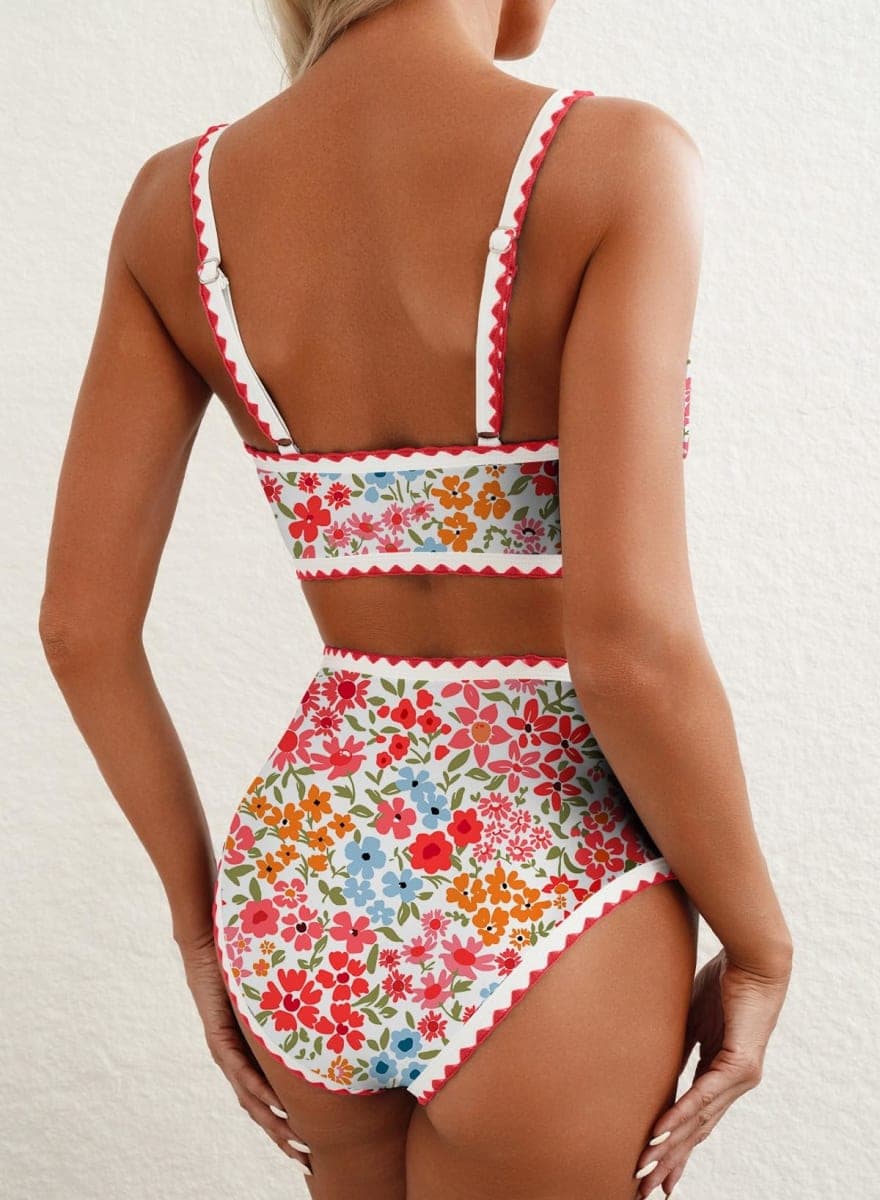 Herseas Modest Bikini Sets Floral Color Block Trim 2 Piece Swim Suits for Women 2026 High Waisted Scoop Free Wire Sporty Bathing Suits Vintage Holiday Outfits Pink Ditsy Small thumbnail 2