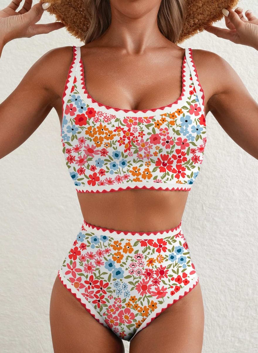 Herseas Modest Bikini Sets Floral Color Block Trim 2 Piece Swim Suits for Women 2026 High Waisted Scoop Free Wire Sporty Bathing Suits Vintage Holiday Outfits Pink Ditsy Small thumbnail 3