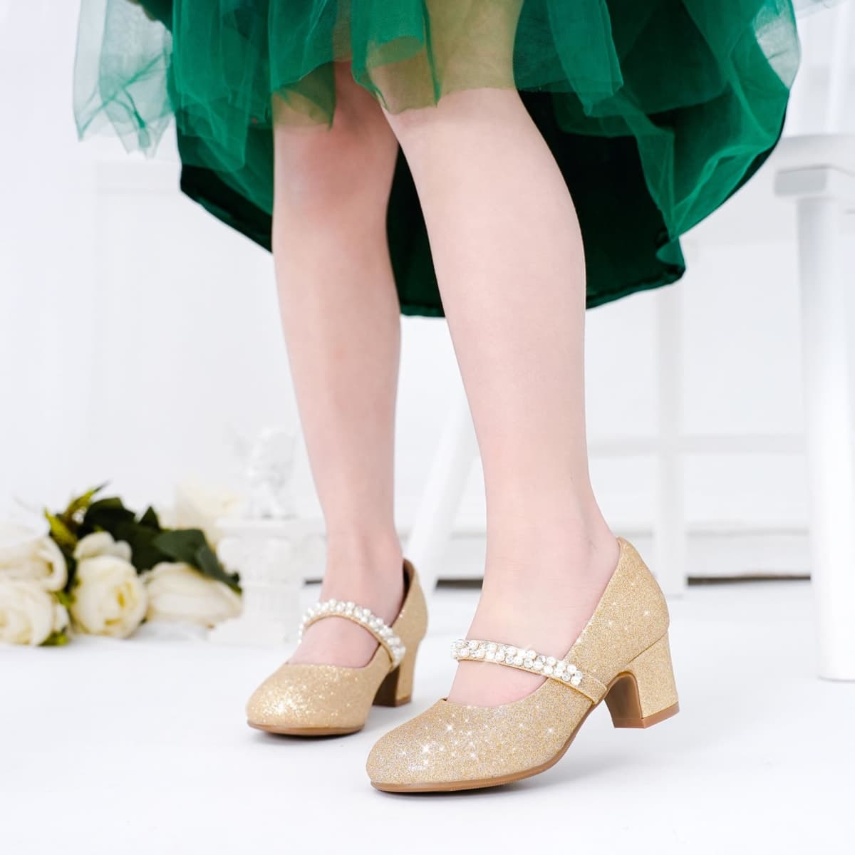LAURMOSA Flower Girl Shoes Kids High Heels Mary Jane Flats Cute Pearl Rhinestones Girls Dress Pumps Shoes for Church Wedding Party Little Big Kids, Gold Shimmer, 13 Little Kid thumbnail 2