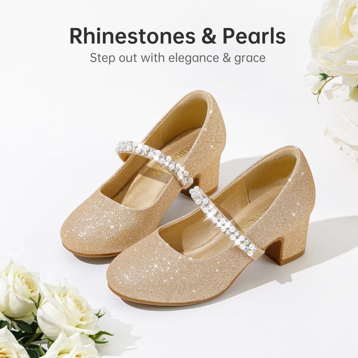 LAURMOSA Flower Girl Shoes Kids High Heels Mary Jane Flats Cute Pearl Rhinestones Girls Dress Pumps Shoes for Church Wedding Party Little Big Kids, Gold Shimmer, 13 Little Kid thumbnail 4