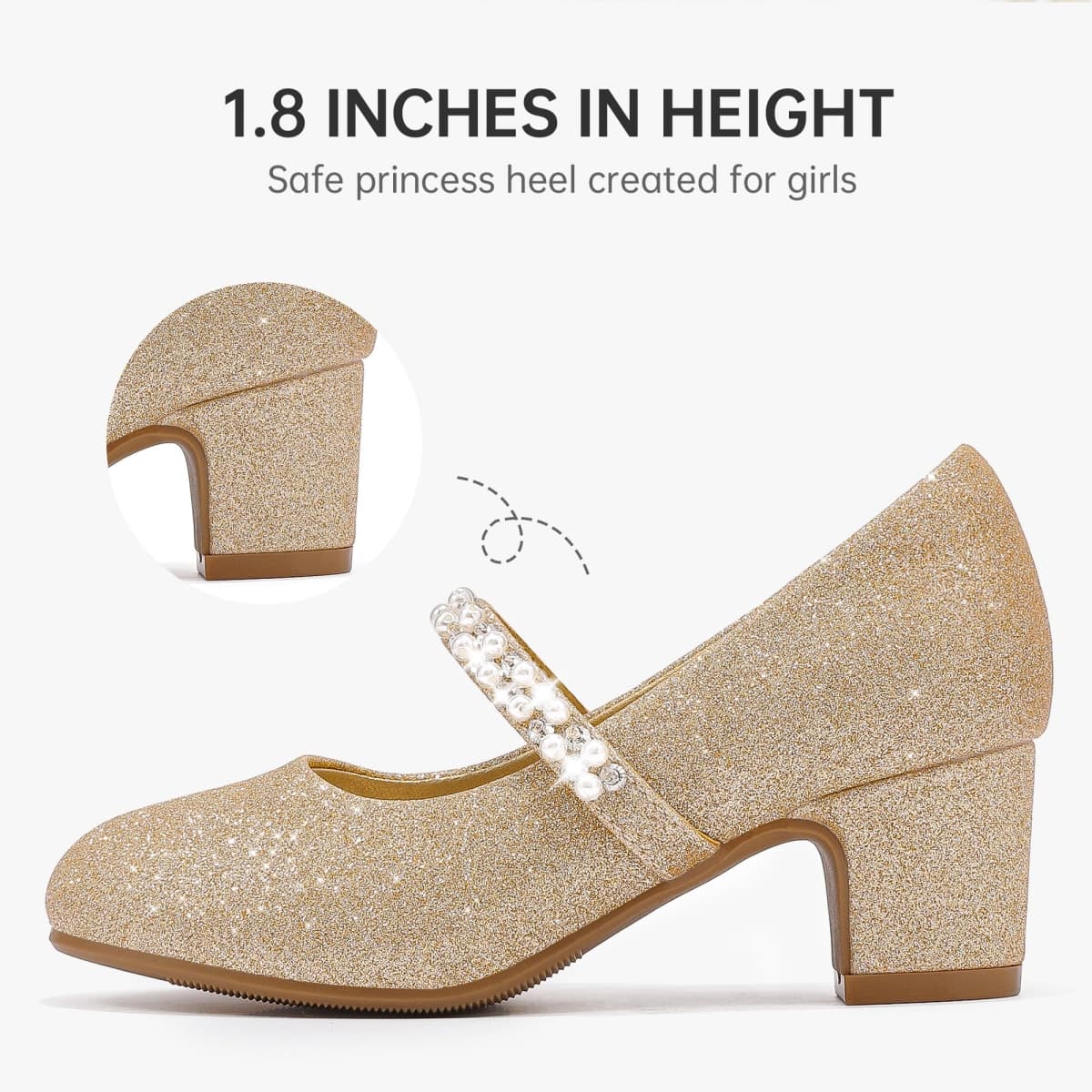 LAURMOSA Flower Girl Shoes Kids High Heels Mary Jane Flats Cute Pearl Rhinestones Girls Dress Pumps Shoes for Church Wedding Party Little Big Kids, Gold Shimmer, 13 Little Kid thumbnail 5