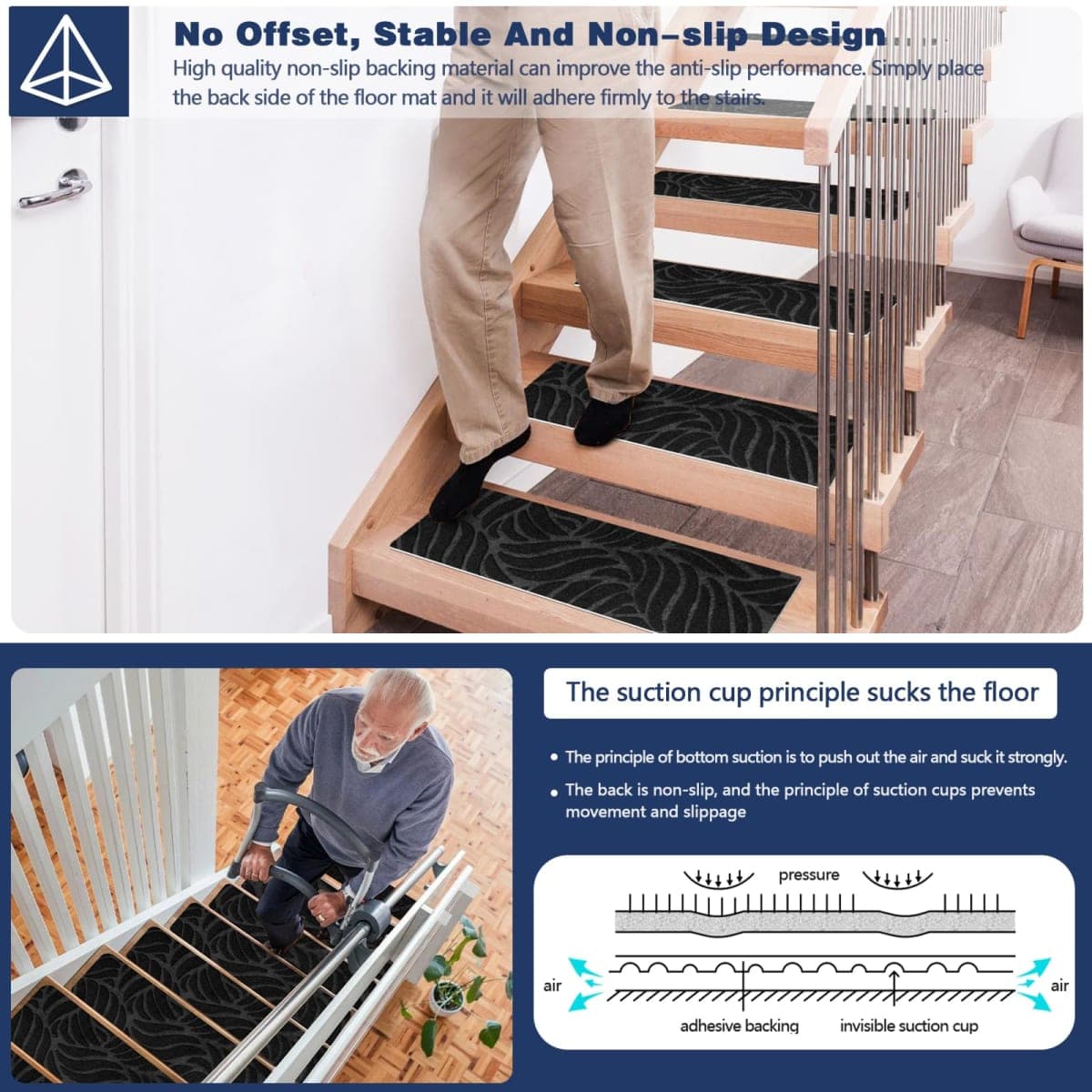 Non Slip Stair Carpet Treads for Wood Steps 8" X 25.6" (15 Pack), Indoor Stair Mats Covers with Adhesive, Anti-Slip Stair Runner Rug for Kids Elders and Dogs thumbnail 2