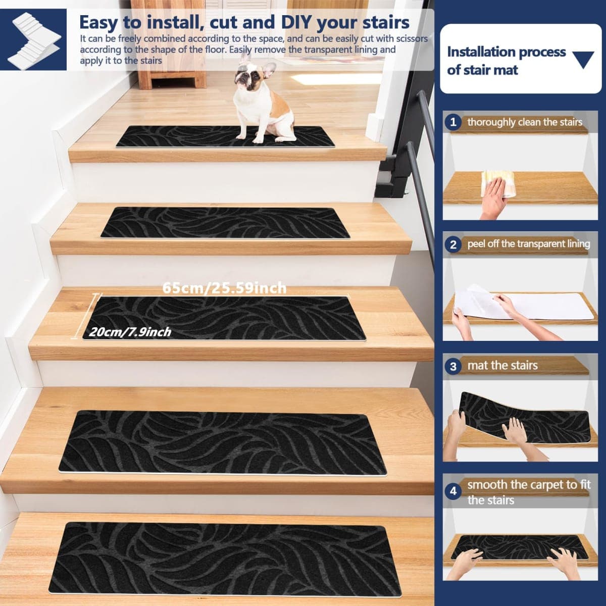 Non Slip Stair Carpet Treads for Wood Steps 8" X 25.6" (15 Pack), Indoor Stair Mats Covers with Adhesive, Anti-Slip Stair Runner Rug for Kids Elders and Dogs thumbnail 4