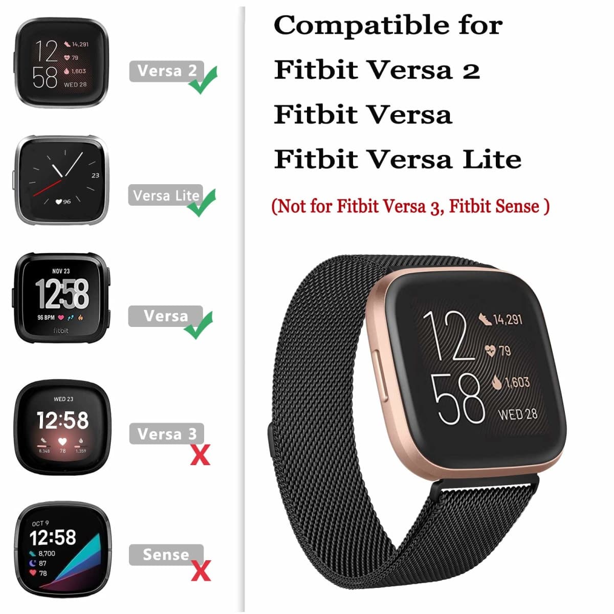 Amzpas Bands Compatible with for Fitbit Versa 2 / Versa SE/Versa Lite/Versa, Breathable Stainless Steel Loop Mesh Magnetic Adjustable Wristbands for Women Men(Large,Black) thumbnail 5