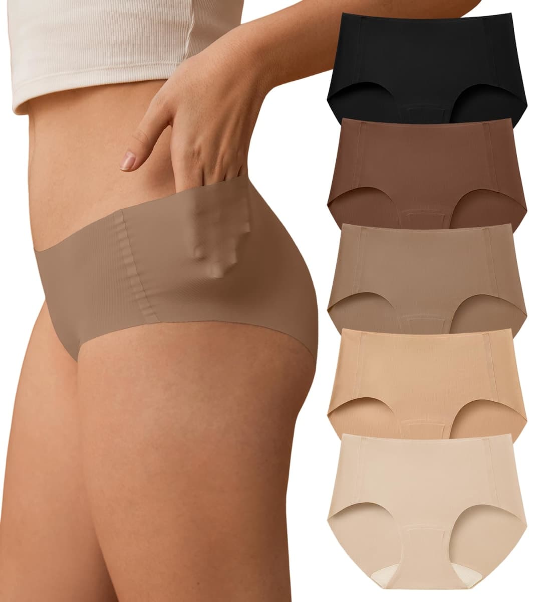 SHARICCA Womens Seamless Underwear No Show Hipster Panties Invisible Lightweight Nuage Bikinis Briefs Microfiber Pack, 5p - Soft Browns & Nudes, XX-Small — image 1