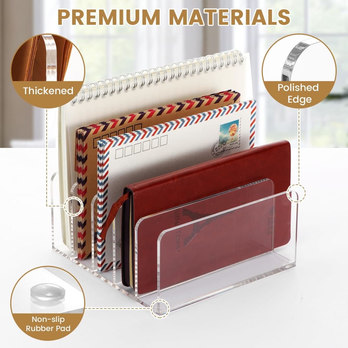 Mail Organizer Countertop, Acrylic 5 Compartments Mail Holder, Small Desk File Storage Holders for Letter, Bill, Mail Sorter, Desktop Letter Folder Holders for Office, Home, School Organization thumbnail 3