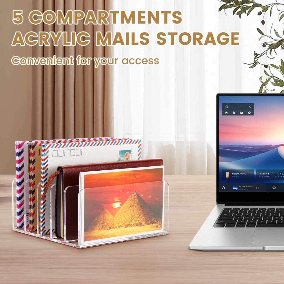 Mail Organizer Countertop, Acrylic 5 Compartments Mail Holder, Small Desk File Storage Holders for Letter, Bill, Mail Sorter, Desktop Letter Folder Holders for Office, Home, School Organization thumbnail 5