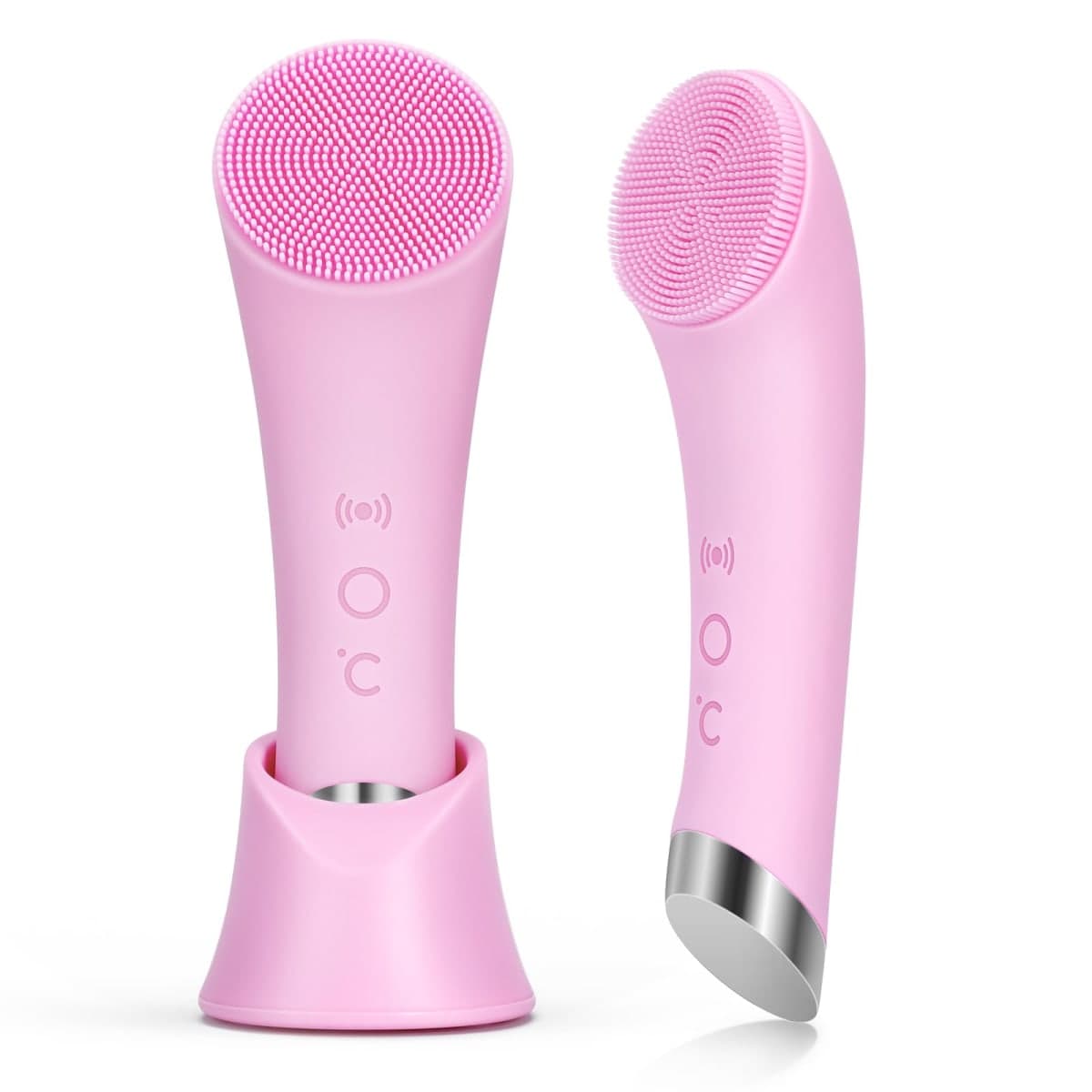 PRITECH Facial Cleansing Brush, Rechargeable Silicone Face Scrubber with Heat Massage End, Vibrating Exfoliator Scrubber for Deep Cleaning, Waterproof Face Brush for Women and Men (Pink) — image 1