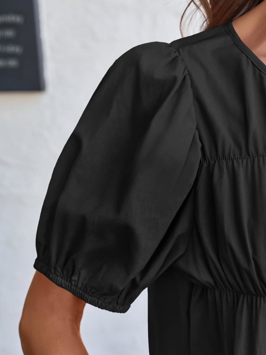 Tankaneo Womens Puff Sleeve Peplum Babydoll Tops Summer Smoked Pleated Cotton T-Shirts Casual Loose Fit Flowy Blouse, Black, Medium thumbnail 2