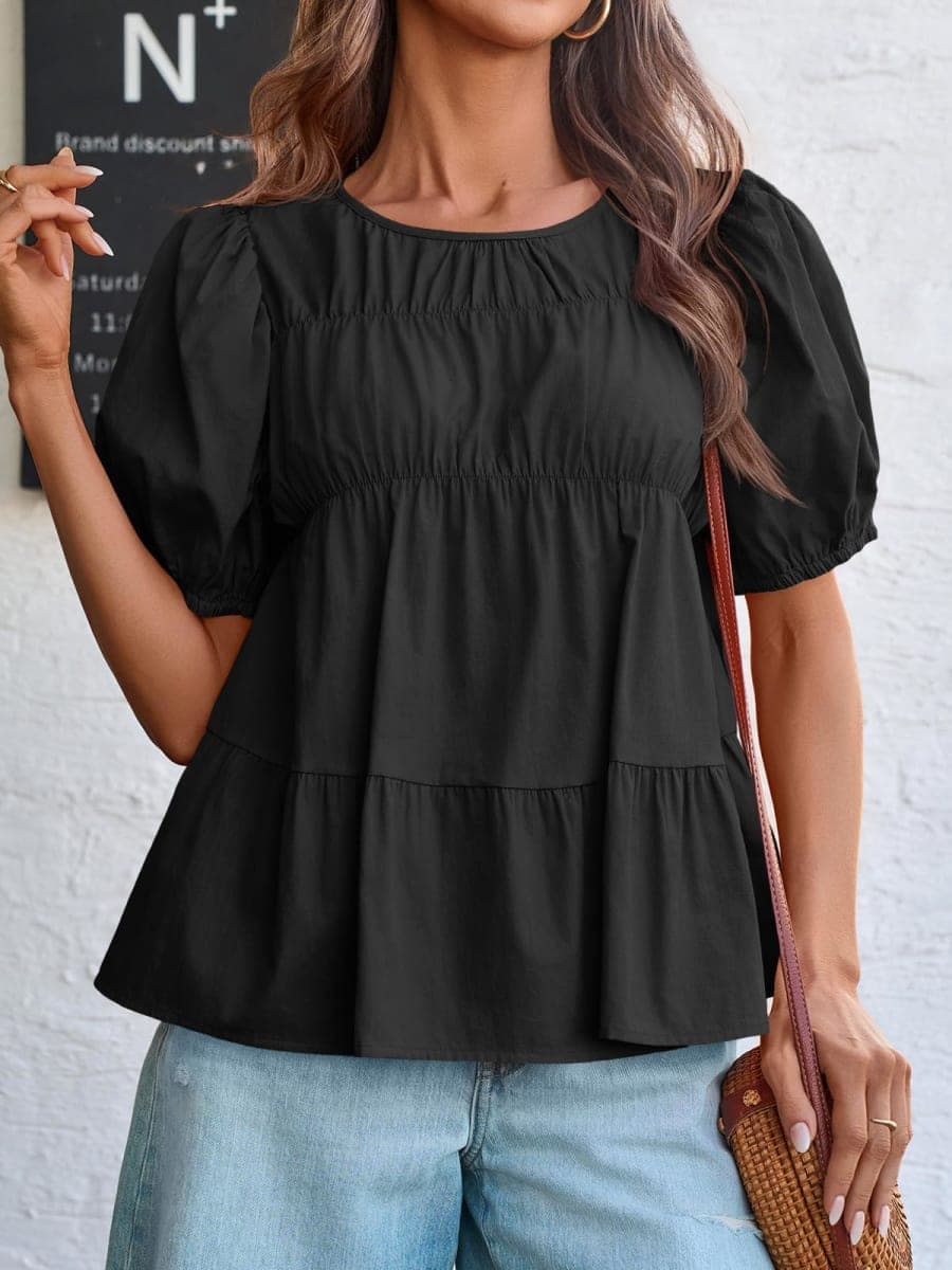 Tankaneo Womens Puff Sleeve Peplum Babydoll Tops Summer Smoked Pleated Cotton T-Shirts Casual Loose Fit Flowy Blouse, Black, Medium thumbnail 3