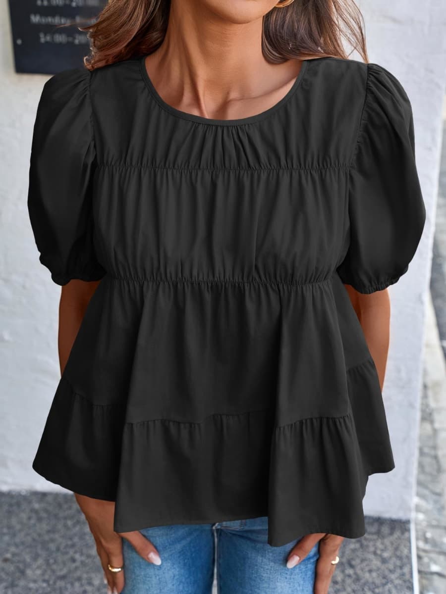 Tankaneo Womens Puff Sleeve Peplum Babydoll Tops Summer Smoked Pleated Cotton T-Shirts Casual Loose Fit Flowy Blouse, Black, Medium thumbnail 4