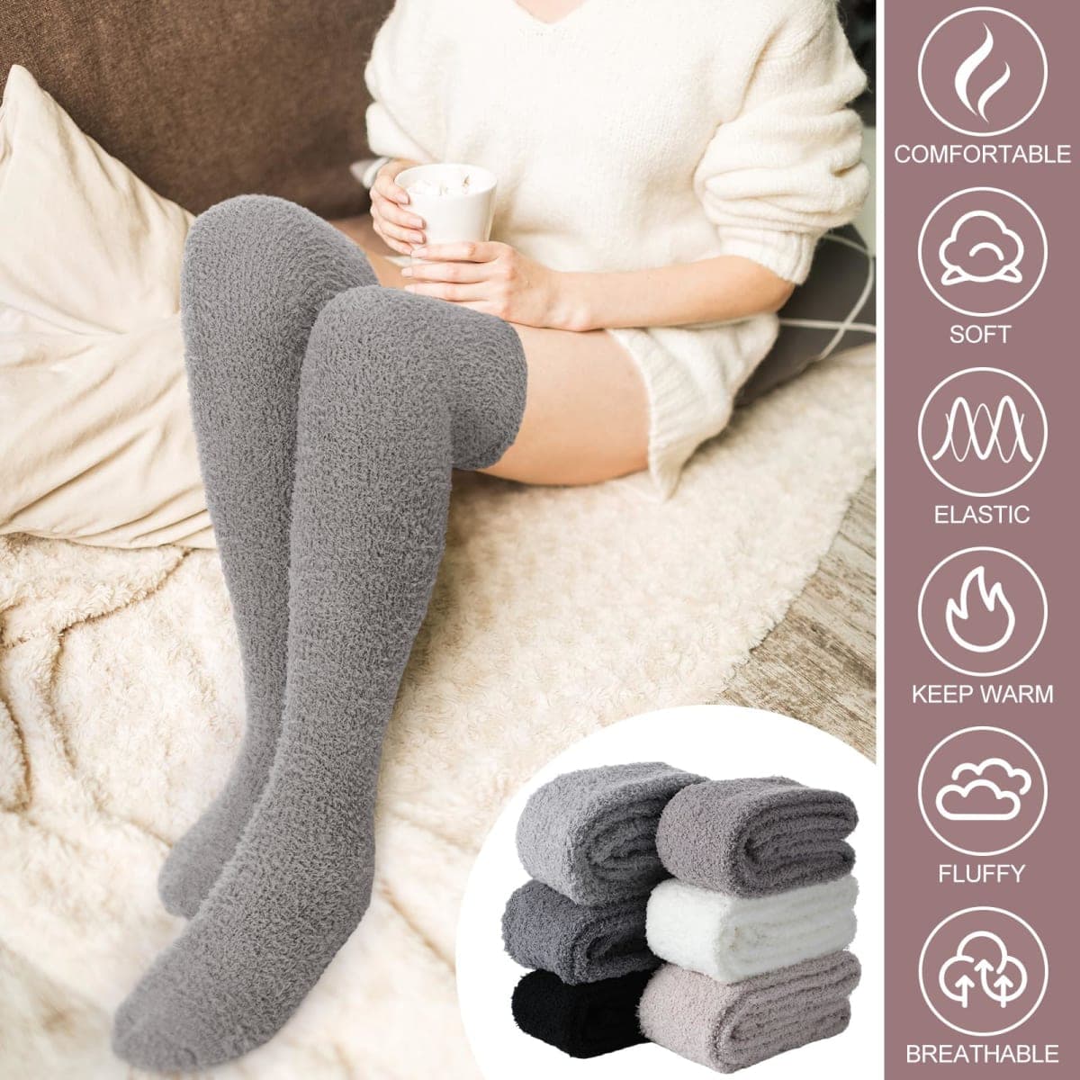 Liitrsh 6 Pairs Women Knee High Fuzzy Socks Soft Long Thigh High Warm stockings Cozy Slipper Plush Socks, Dark Color, 5-10 thumbnail 5