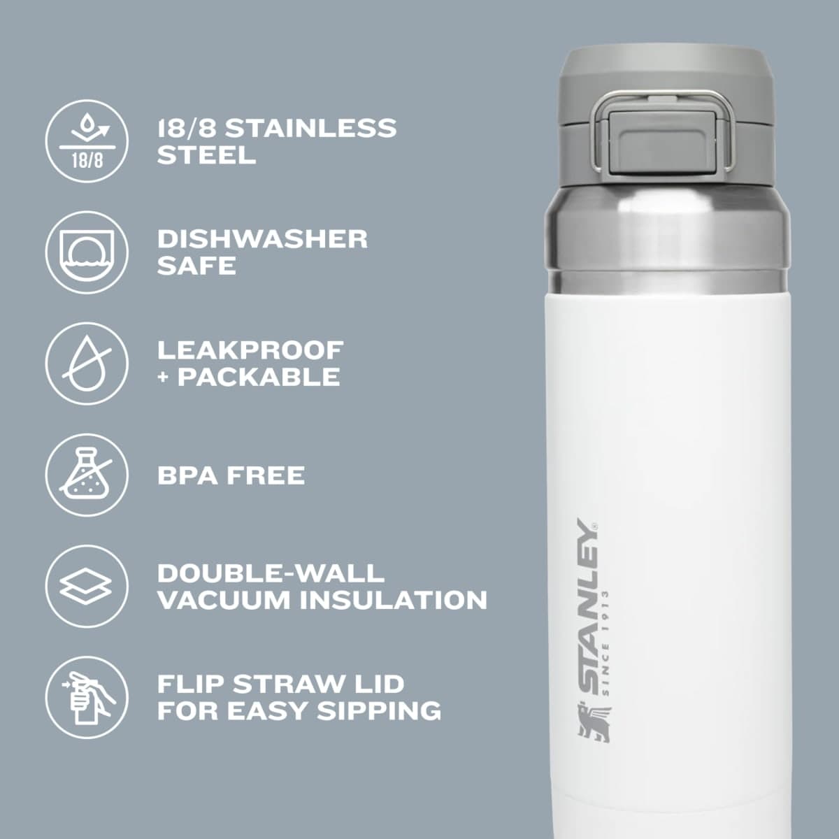 Stanley Quick Flip GO Water Bottle 24 oz | Push Button Lid | Leakproof and Packable for Travel and Sports | Insulated Stainless Steel | BPA-Free | Mist thumbnail 2