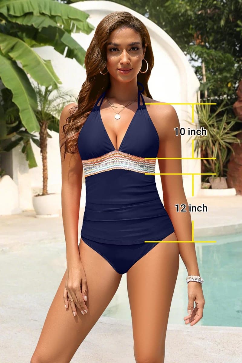 Women Tummy Control Tankini Swimsuit - Halter Swimsuit Two Piece Bathing Suit Color Block 2025 Swimwear, Navy Blue, Small thumbnail 2