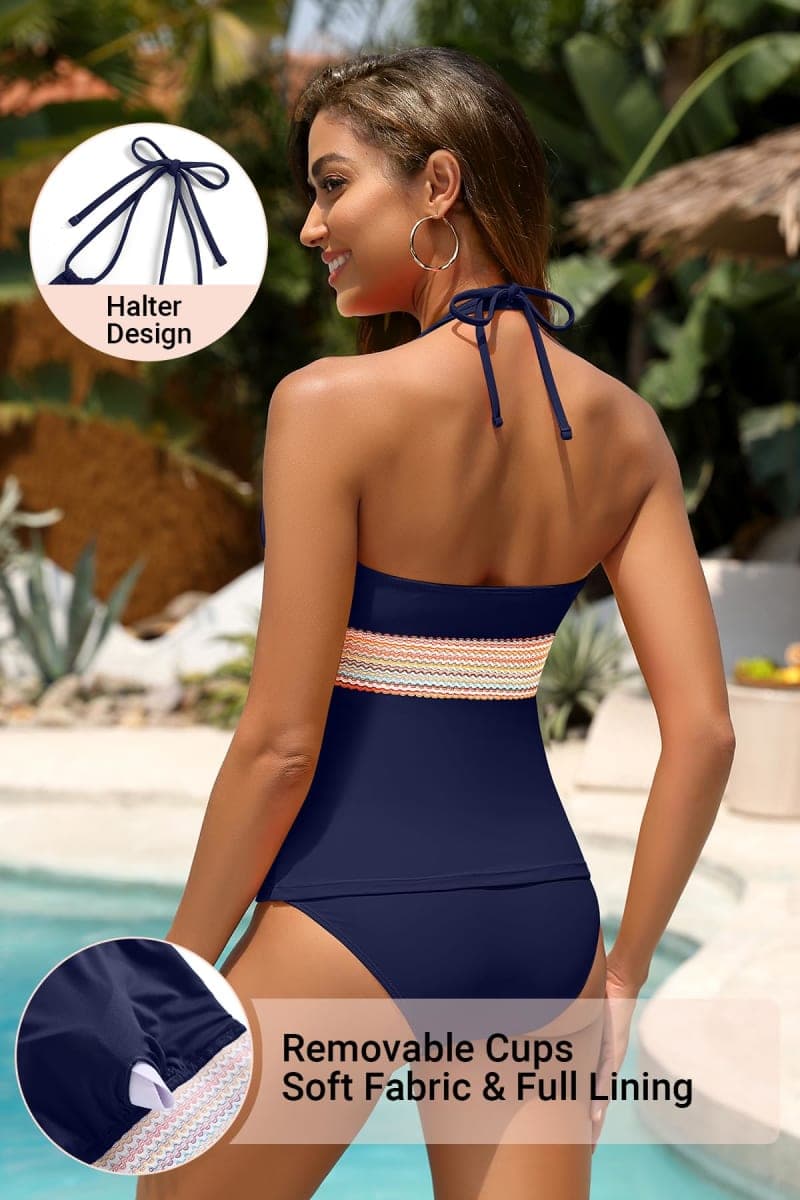 Women Tummy Control Tankini Swimsuit - Halter Swimsuit Two Piece Bathing Suit Color Block 2025 Swimwear, Navy Blue, Small thumbnail 4
