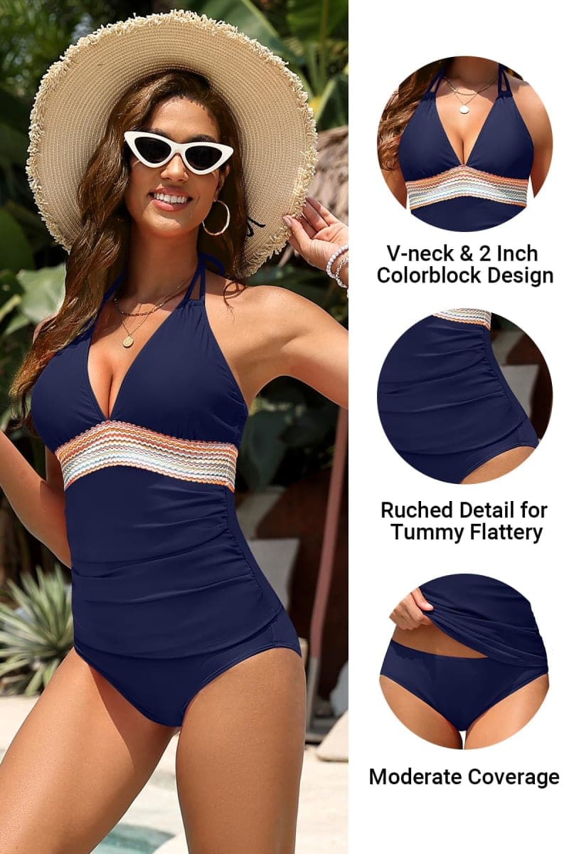 Women Tummy Control Tankini Swimsuit - Halter Swimsuit Two Piece Bathing Suit Color Block 2025 Swimwear, Navy Blue, Small thumbnail 5