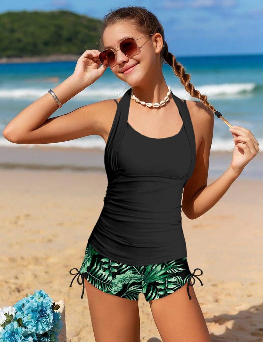 TALLWH Girls Swimsuit 2 Piece Halterneck Girls Tankini Swimsuit Drawstring Printed Swim Shorts Girl Bathing Suit for 7-18T, Black+green, 9-10 Years thumbnail 2