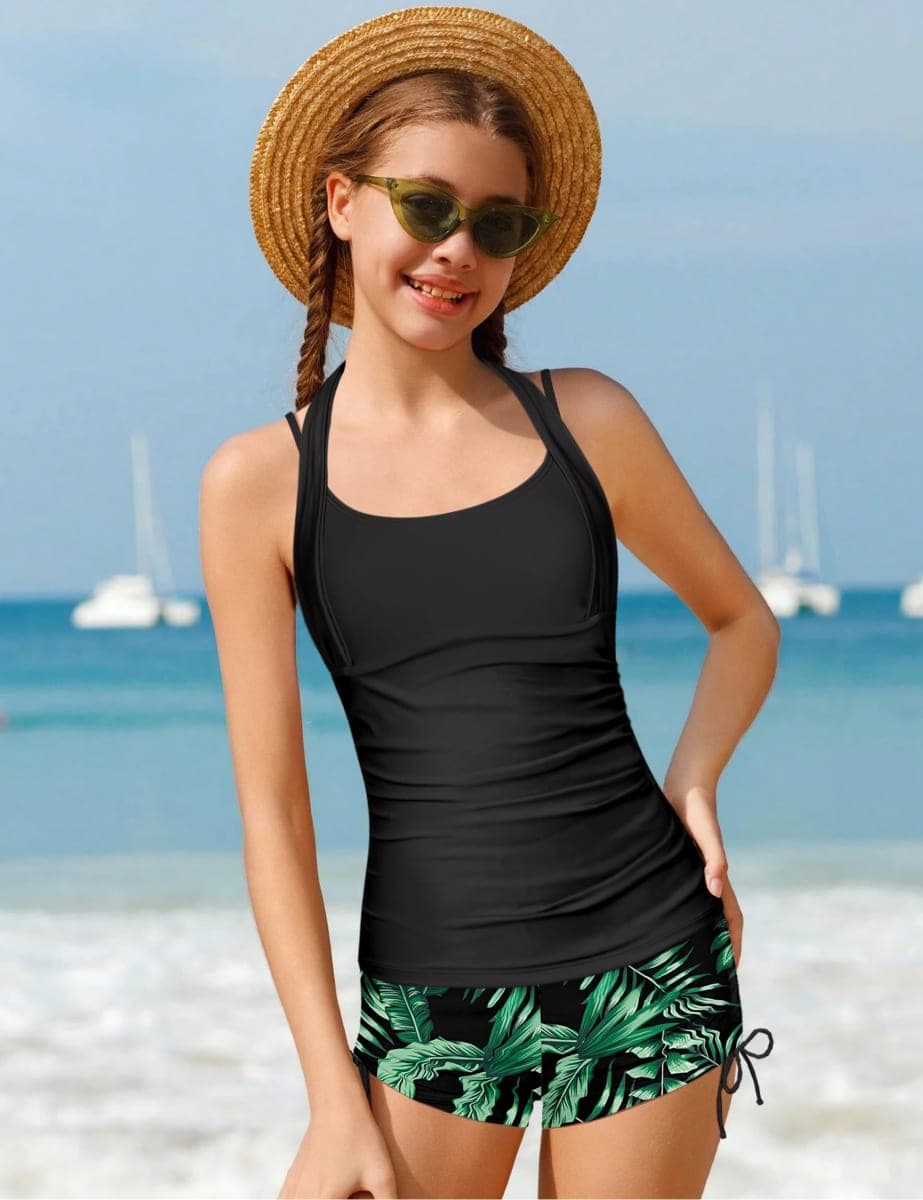 TALLWH Girls Swimsuit 2 Piece Halterneck Girls Tankini Swimsuit Drawstring Printed Swim Shorts Girl Bathing Suit for 7-18T, Black+green, 9-10 Years thumbnail 3