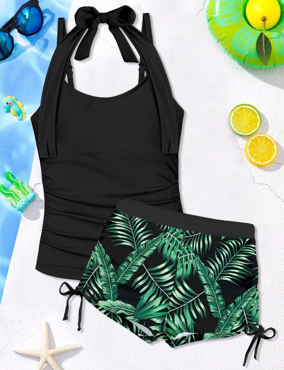 TALLWH Girls Swimsuit 2 Piece Halterneck Girls Tankini Swimsuit Drawstring Printed Swim Shorts Girl Bathing Suit for 7-18T, Black+green, 9-10 Years thumbnail 4