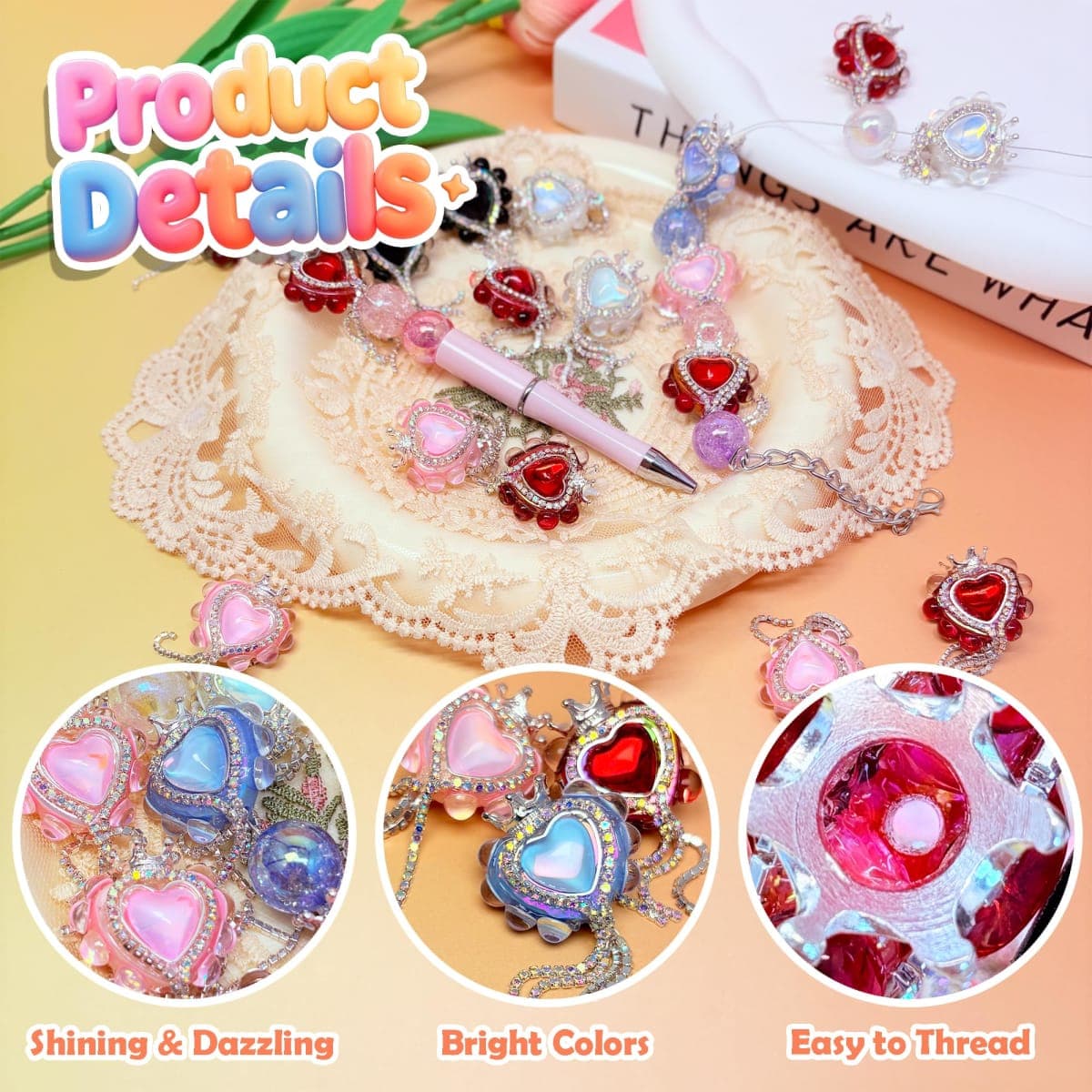 10pcs Rhinestone Focal Beads for Pens, Sparkling Heart-Shaped Designs with Tassels, Fancy Beads for DIY Jewelry Making Keychains Crafts Holiday Decorations thumbnail 2