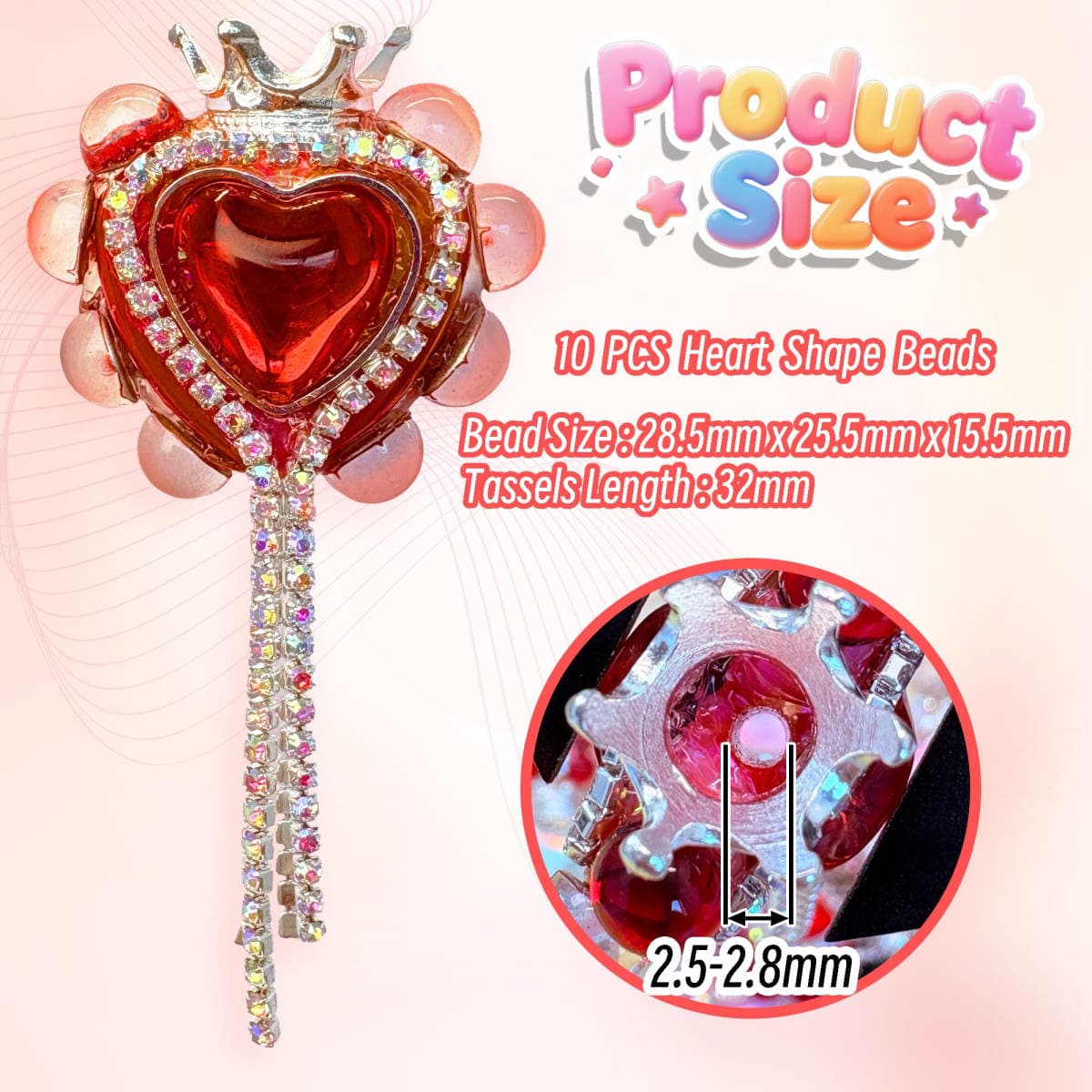 10pcs Rhinestone Focal Beads for Pens, Sparkling Heart-Shaped Designs with Tassels, Fancy Beads for DIY Jewelry Making Keychains Crafts Holiday Decorations thumbnail 3