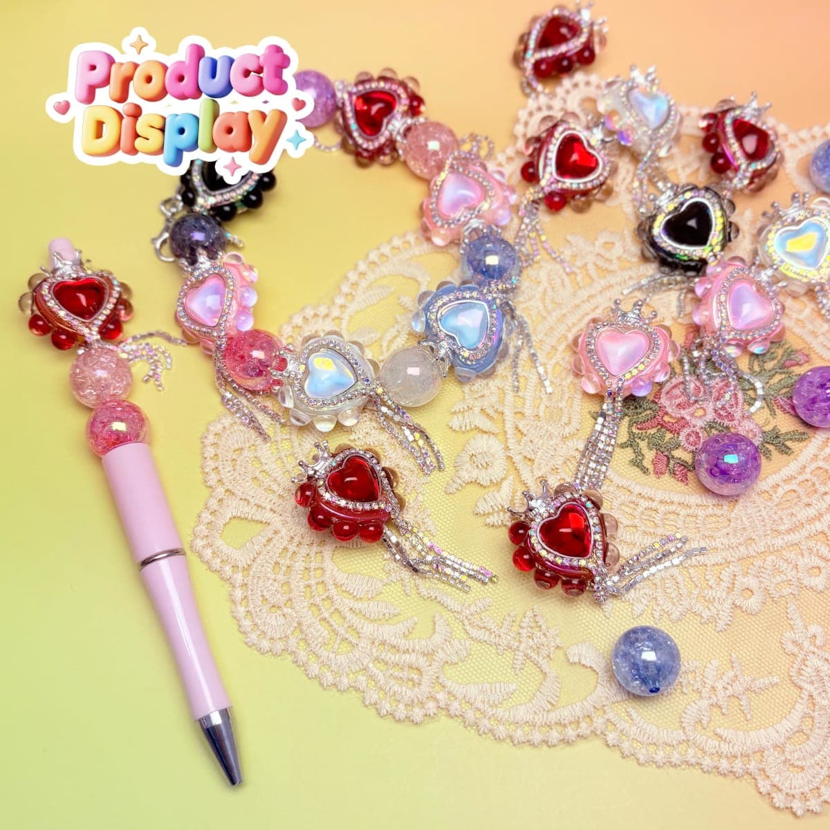 10pcs Rhinestone Focal Beads for Pens, Sparkling Heart-Shaped Designs with Tassels, Fancy Beads for DIY Jewelry Making Keychains Crafts Holiday Decorations thumbnail 5
