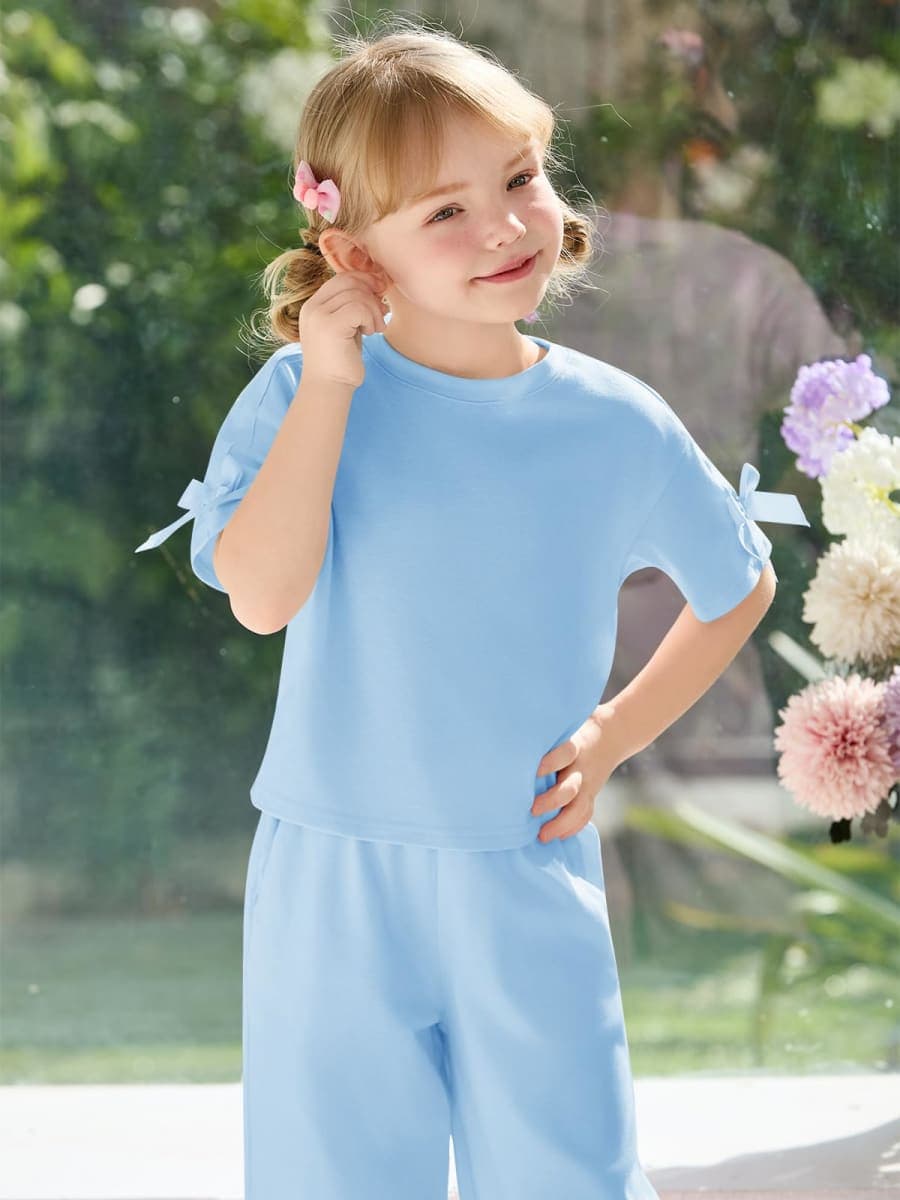 Haloumoning Toddler Baby Girls Summer Clothes 2 Piece Outfits Cute Bow Short Sleeve T Shirts Pants Set with Pockets 1-8Y, Sky Blue, 5-6 Years thumbnail 2