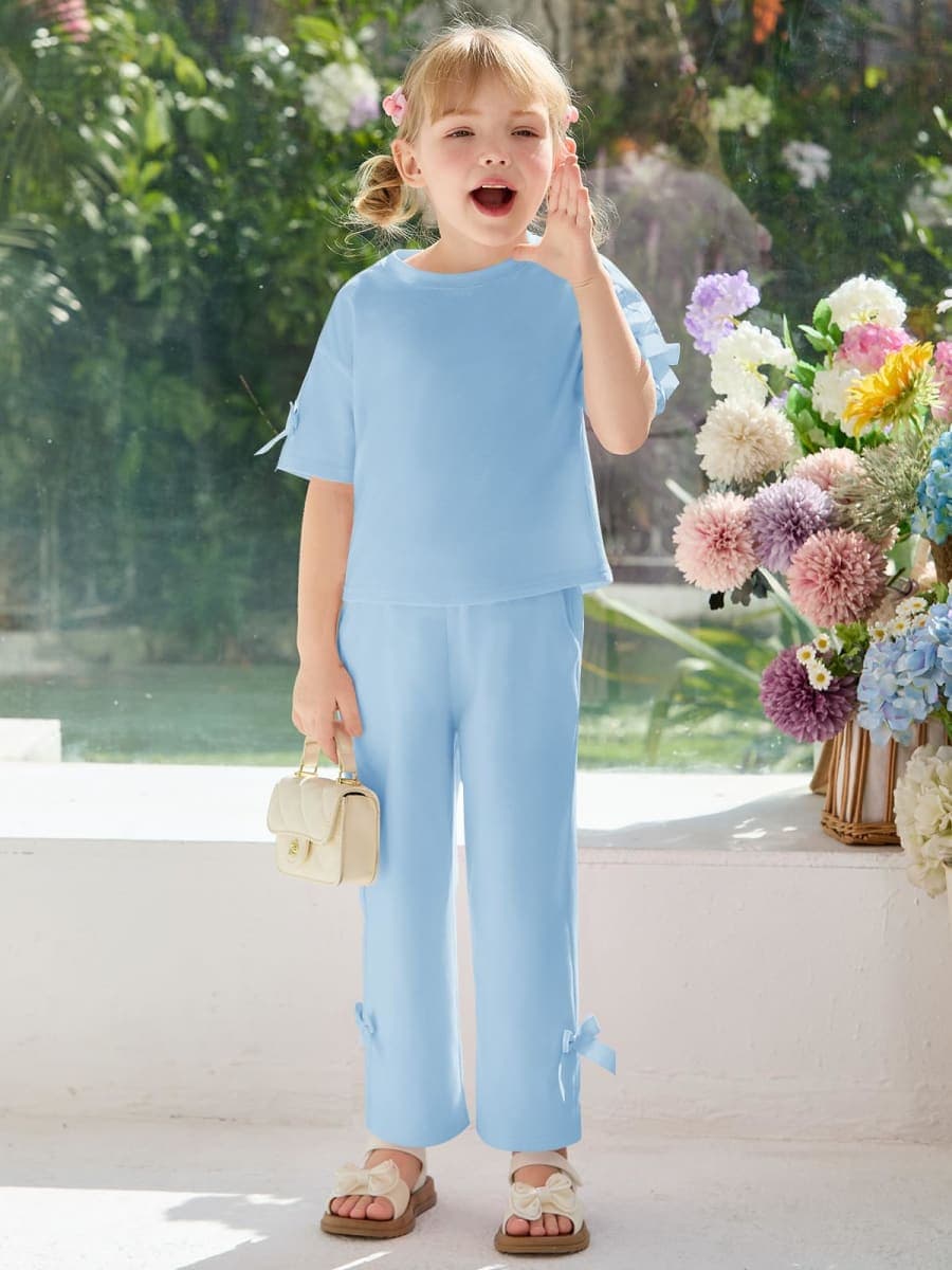 Haloumoning Toddler Baby Girls Summer Clothes 2 Piece Outfits Cute Bow Short Sleeve T Shirts Pants Set with Pockets 1-8Y, Sky Blue, 5-6 Years thumbnail 3