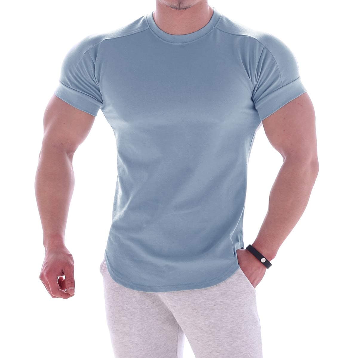 Magiftbox Mens Muscle Cotton Lightweight Workout Short Sleeve T-Shirts Gym Sweat Tee T24, Sky-blue, Large — image 1
