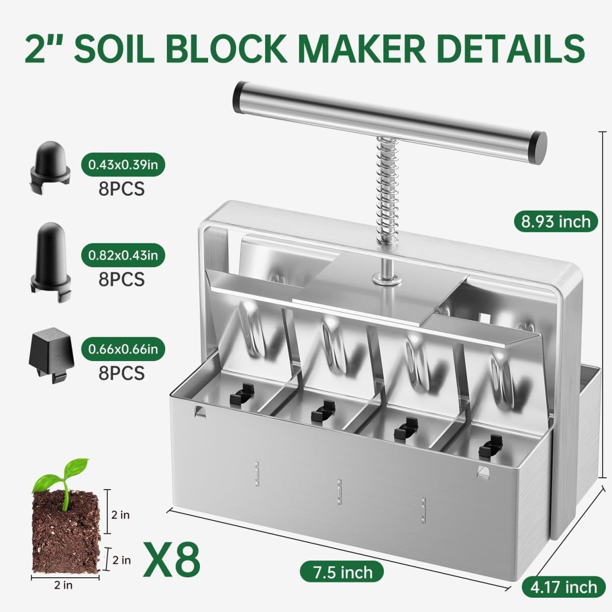 Nanovi Soil Blocker, 2 Inch Soil Block Maker with 3 Sizes Seed Pins & Comfortable Handle 8 Cell Handlheld Soil Blocking Tool for Seed Starting, Grow Seedling, Outdoor Plants, Greenhouses, Garden thumbnail 2