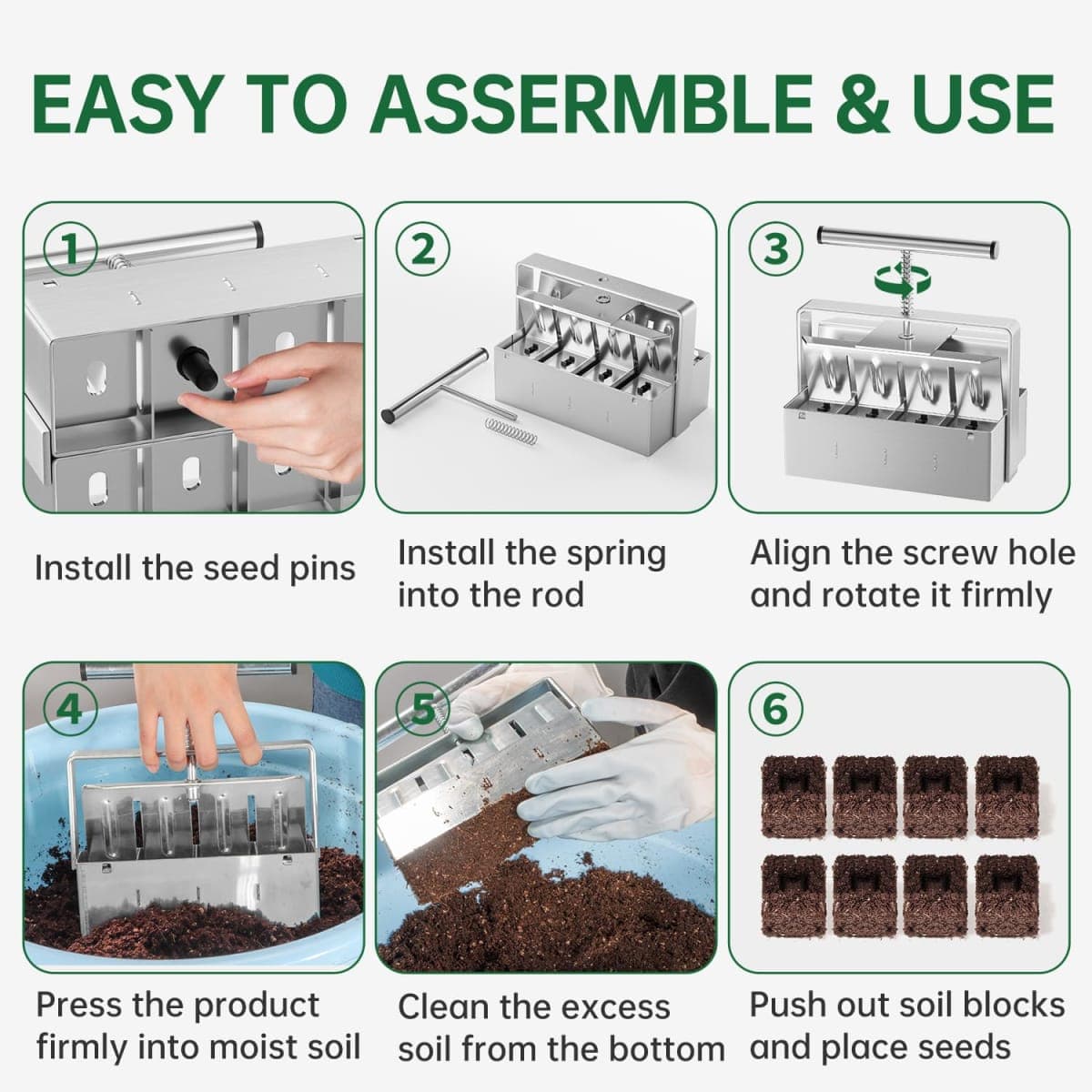 Nanovi Soil Blocker, 2 Inch Soil Block Maker with 3 Sizes Seed Pins & Comfortable Handle 8 Cell Handlheld Soil Blocking Tool for Seed Starting, Grow Seedling, Outdoor Plants, Greenhouses, Garden thumbnail 4