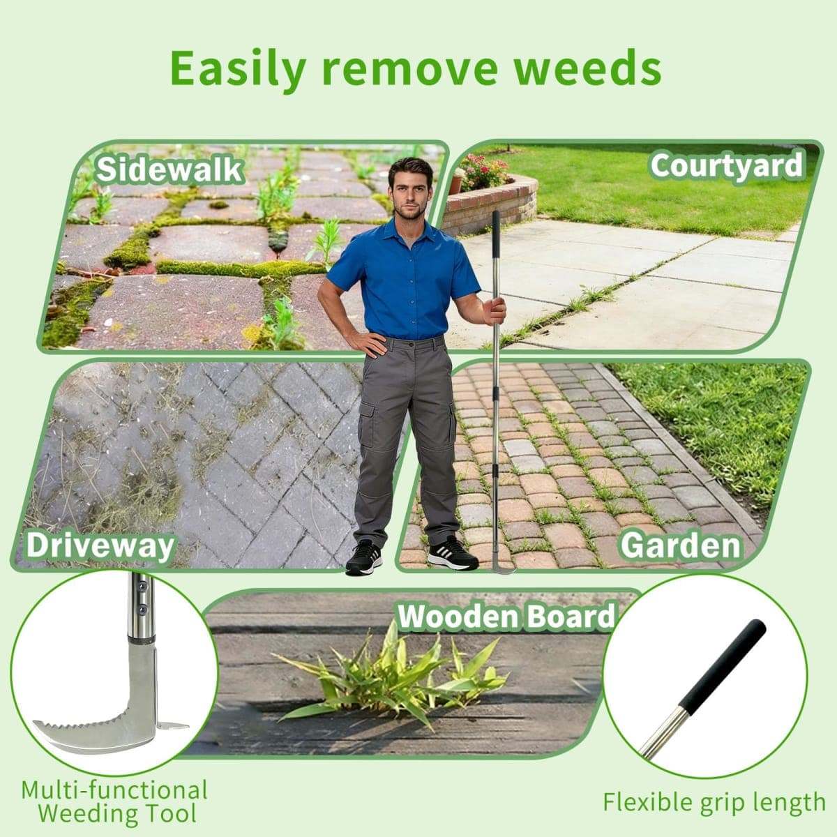 HGroCA Weed Puller Crack Long Handle, 63″ 49″ 35″ Adjustable for Stand Up Height Garden Tools Driveway Sidewalk Patio thumbnail 2