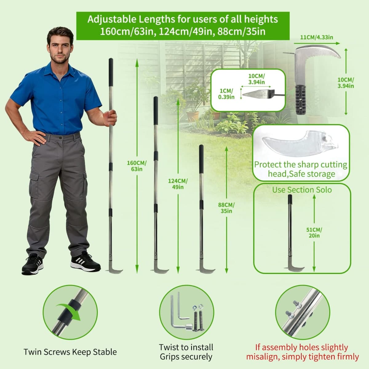 HGroCA Weed Puller Crack Long Handle, 63″ 49″ 35″ Adjustable for Stand Up Height Garden Tools Driveway Sidewalk Patio thumbnail 3