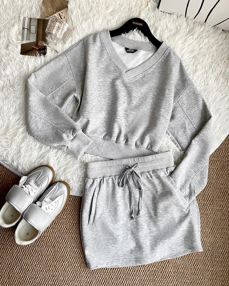 CHICME Womens 2 Piece Outfits 2026 Spring V-neck Sweatshirt Top and Drawstring Skirt Set, Gray, X-Large thumbnail 3