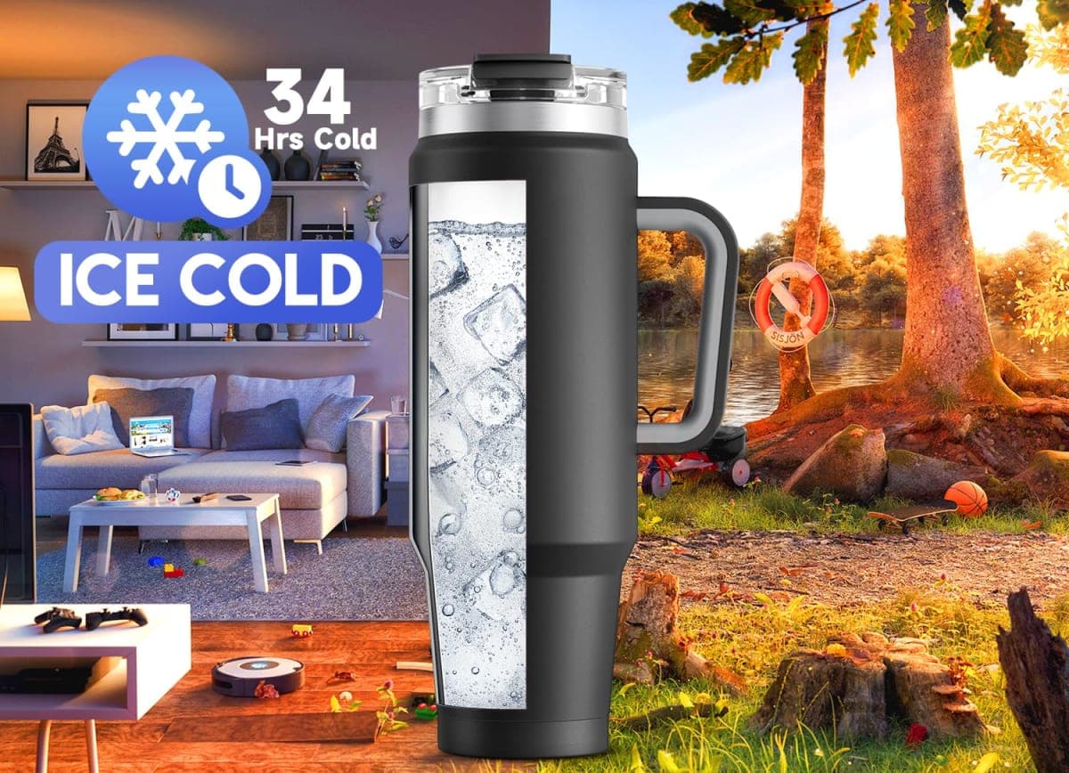 Meoky 40 oz Tumbler with Handle and Straw, Insulated Tumbler with Lid and Straw, Stainless Steel Travel Mug, Keeps Cold for 34 Hours, 100% Leak Proof, Fits in Car Cup Holder (Night) thumbnail 2