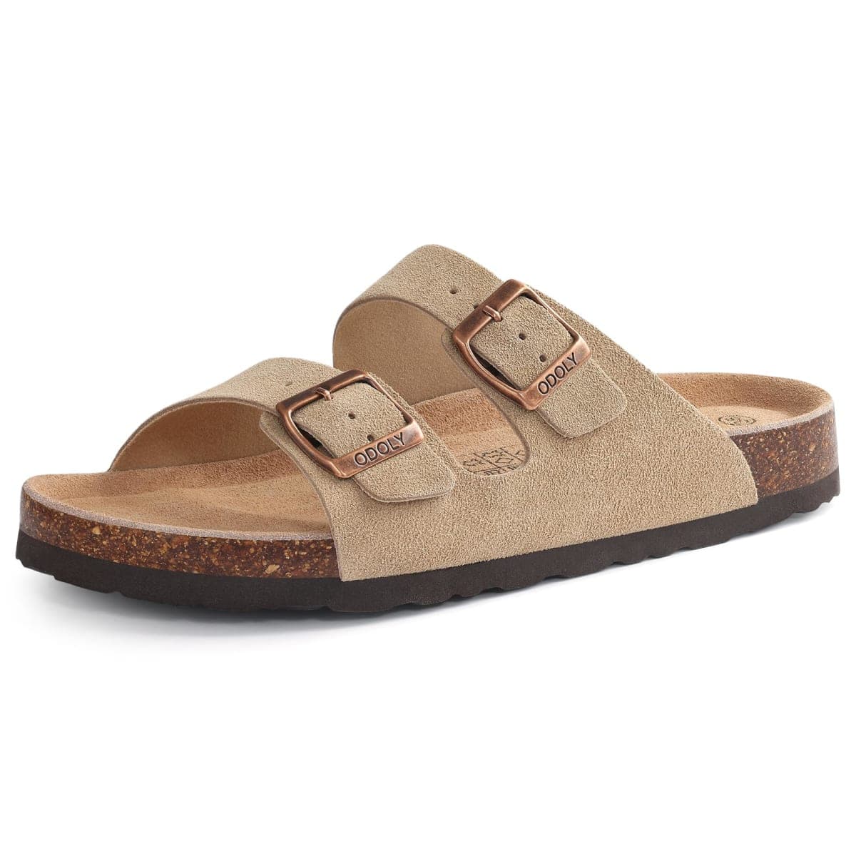 ODOLY Unisex Cork Footbed Slide Sandal, Arch Support Summer Outdoor Sandals with Adjustable Buckle for Women and Men, Taupe Suede 41 (10 Women/8.5 Men) — image 1