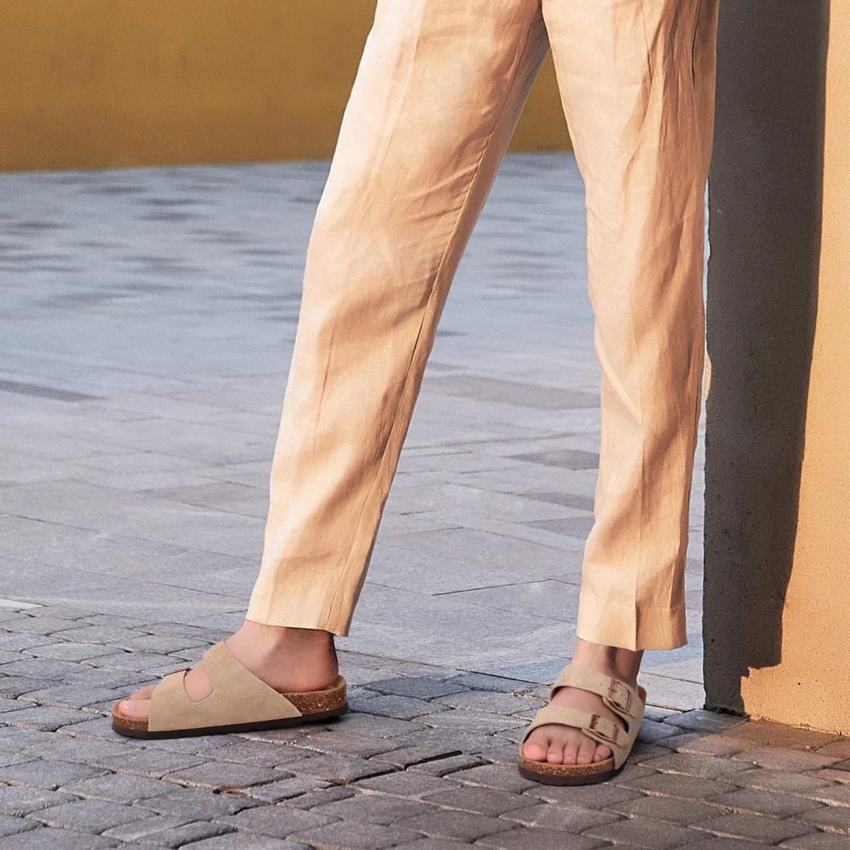 ODOLY Unisex Cork Footbed Slide Sandal, Arch Support Summer Outdoor Sandals with Adjustable Buckle for Women and Men, Taupe Suede 41 (10 Women/8.5 Men) thumbnail 2