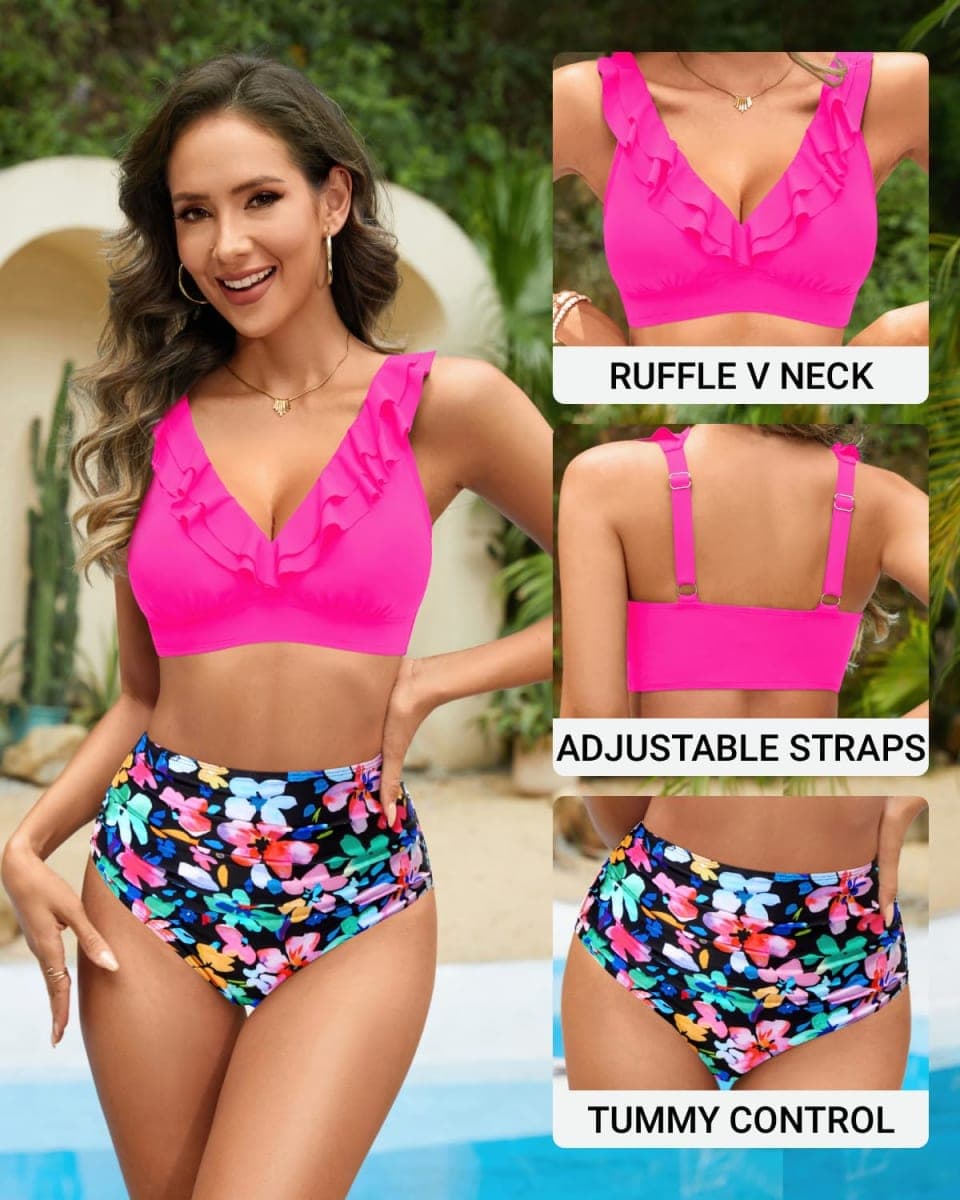 Tempt Me High Waisted Bikini Set Two Piece Tummy Control Swimsuit, Pink and Floral, Medium thumbnail 2