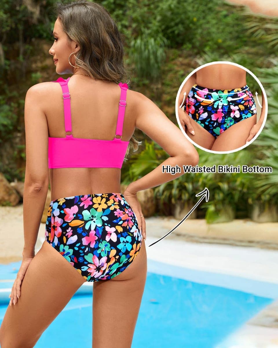 Tempt Me High Waisted Bikini Set Two Piece Tummy Control Swimsuit, Pink and Floral, Medium thumbnail 3