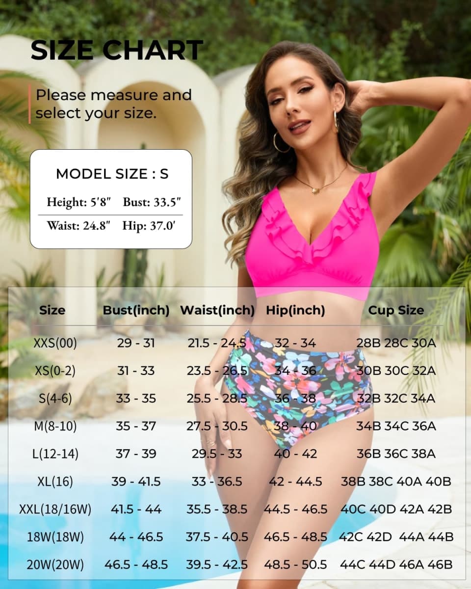 Tempt Me High Waisted Bikini Set Two Piece Tummy Control Swimsuit, Pink and Floral, Medium thumbnail 4