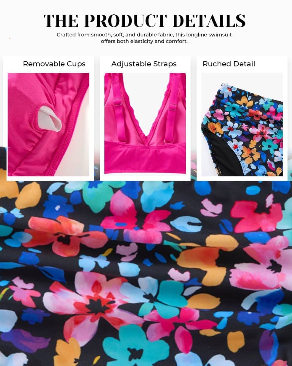 Tempt Me High Waisted Bikini Set Two Piece Tummy Control Swimsuit, Pink and Floral, Medium thumbnail 5
