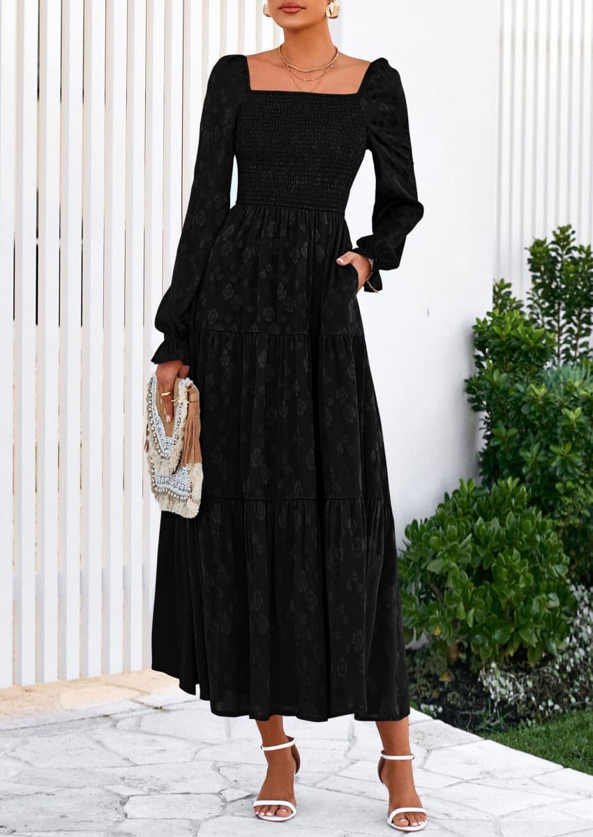 PRETTYGARDEN Women's 2025 Fall Floral Midi Dress Long Sleeve Smocked A Line Long Flowy Elegant Wedding Guest Dresses (Black,Medium) thumbnail 2
