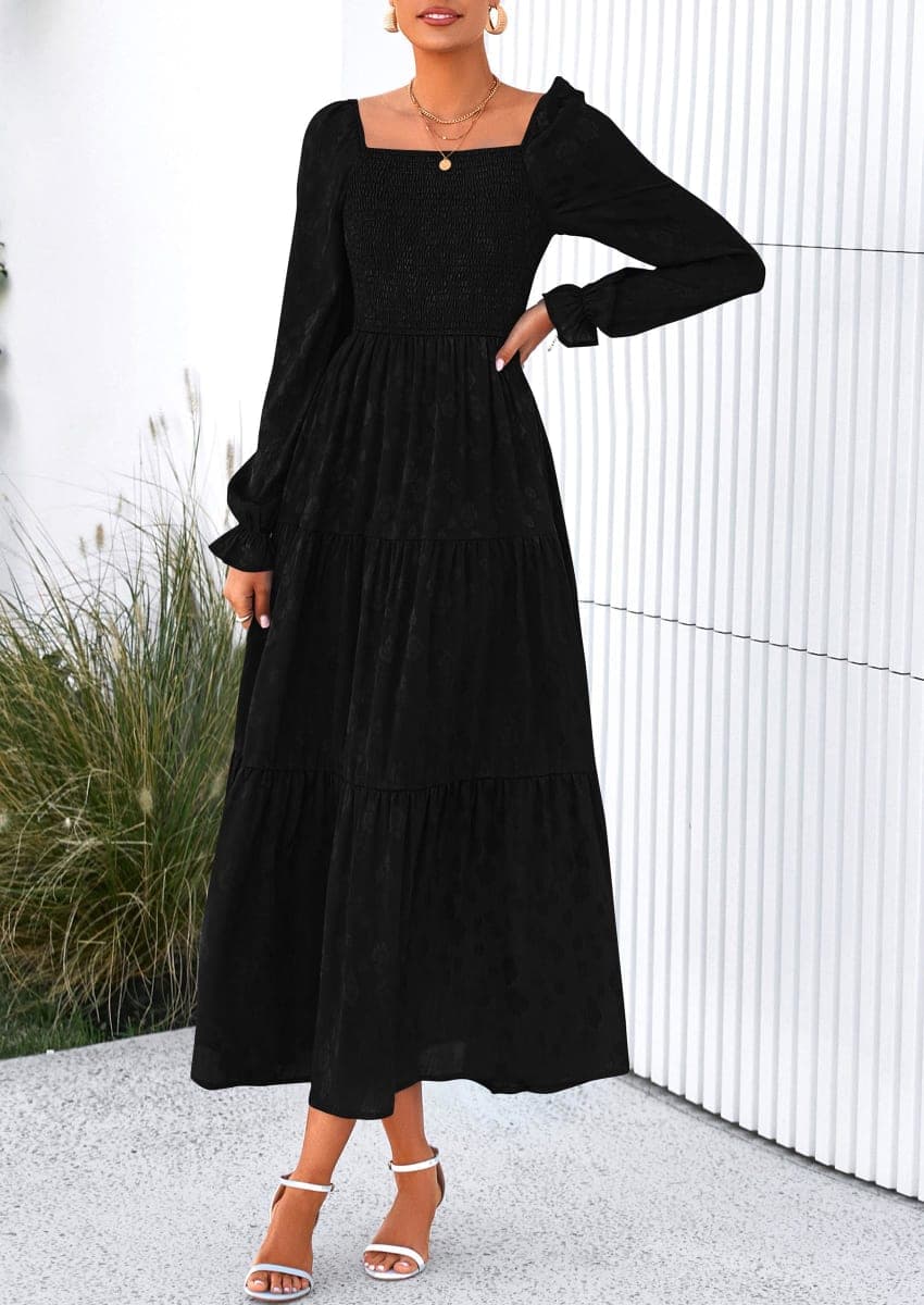 PRETTYGARDEN Women's 2025 Fall Floral Midi Dress Long Sleeve Smocked A Line Long Flowy Elegant Wedding Guest Dresses (Black,Medium) thumbnail 3