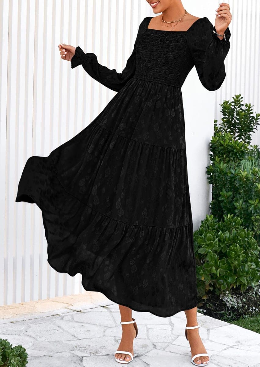 PRETTYGARDEN Women's 2025 Fall Floral Midi Dress Long Sleeve Smocked A Line Long Flowy Elegant Wedding Guest Dresses (Black,Medium) thumbnail 4