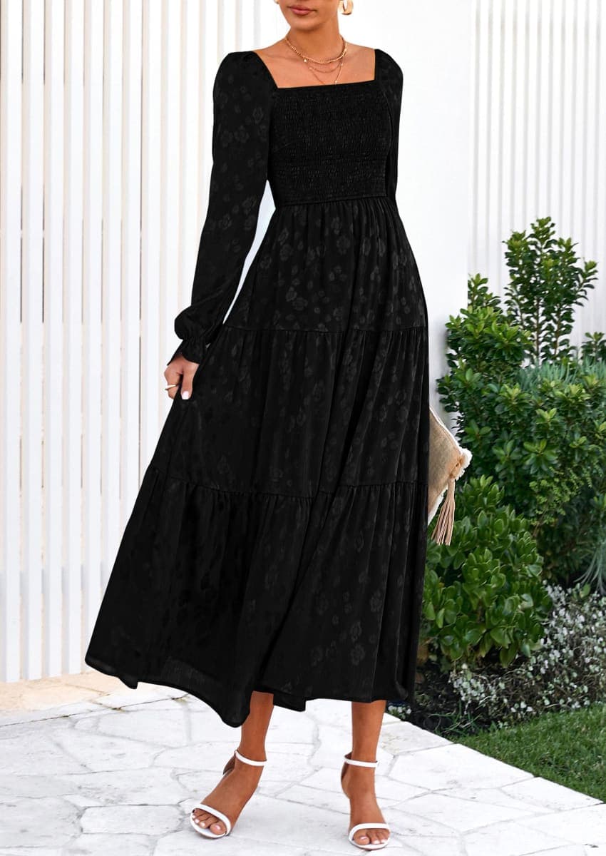 PRETTYGARDEN Women's 2025 Fall Floral Midi Dress Long Sleeve Smocked A Line Long Flowy Elegant Wedding Guest Dresses (Black,Medium) thumbnail 5