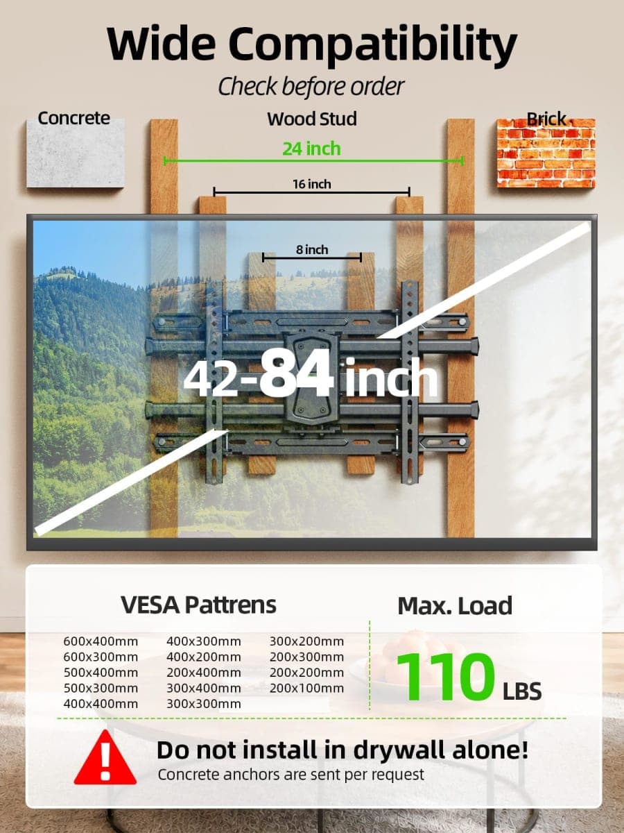 USX MOUNT Full Motion TV Wall Mount for 42"-82" TVs, Swivel and Tilt TV Mount, Wall Mount TV Bracket with Articulating 6 Arms, Max VESA 600x400mm, 120 lbs, 16" Wood Studs with Wall Drilling Template thumbnail 2