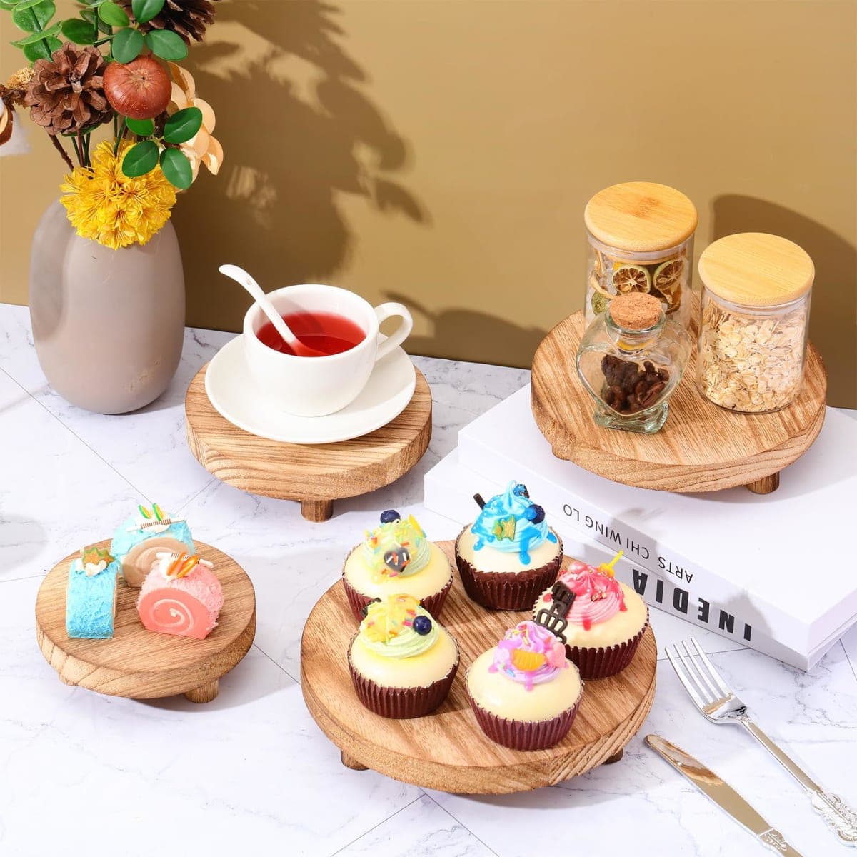 Geetery 4 Pcs Wooden Risers for Display Wood Pedestal Stand Mini Tray Stand Round Wooden Pedestal Holder Rustic Riser for Decor Tiered Tray Decor Home Kitchen, 5/6/7/8 Inch(Light Brown) thumbnail 5