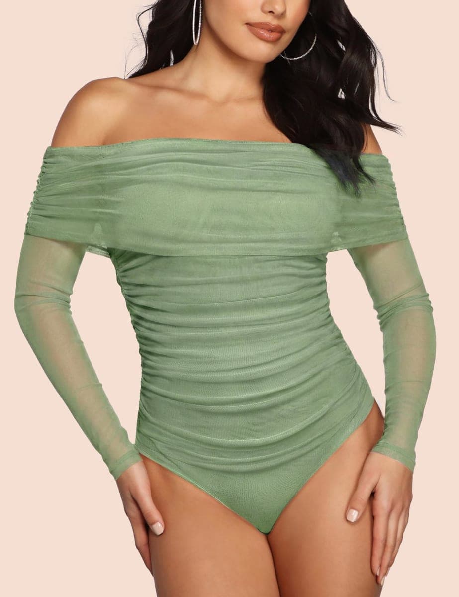SAUNGKUAI Women's Off The Shoulder Long Sleeve Bodysuit Sexy Slimming Body Suit Tops Sheer Mesh Ruched Fall Outfits 2026, Olivegreen, Small thumbnail 2