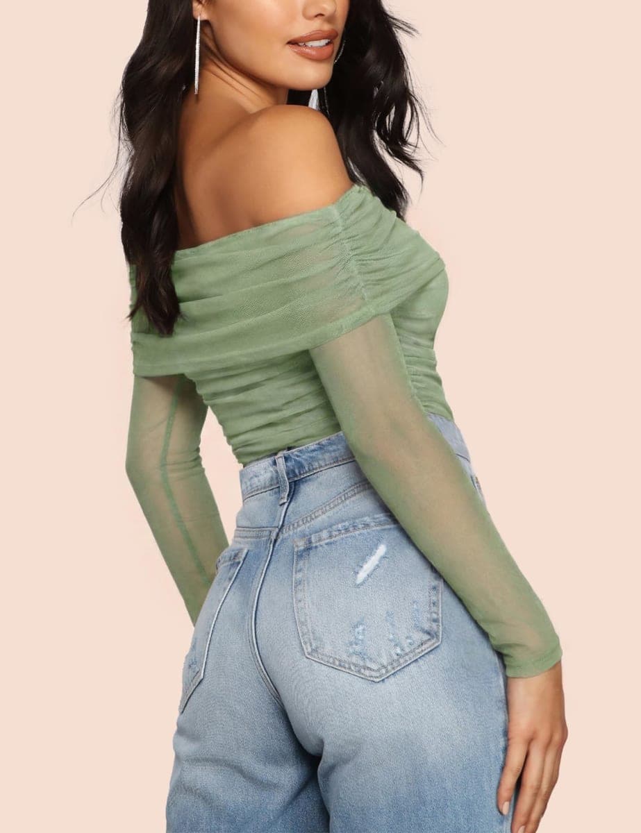 SAUNGKUAI Women's Off The Shoulder Long Sleeve Bodysuit Sexy Slimming Body Suit Tops Sheer Mesh Ruched Fall Outfits 2026, Olivegreen, Small thumbnail 4