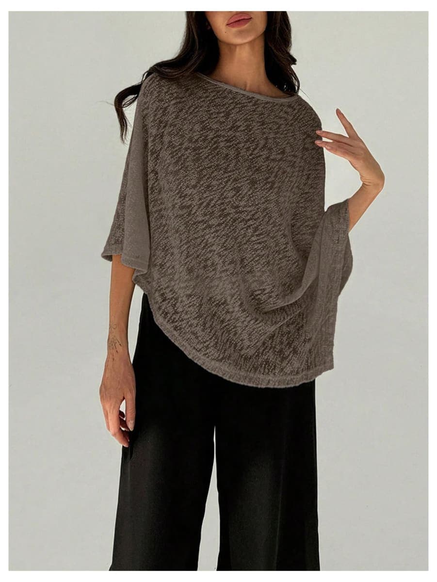 MakeMeChic Women's Sheer Poncho Top Asymmetrical Sweater Shawl Wrap, Brown, Large thumbnail 3
